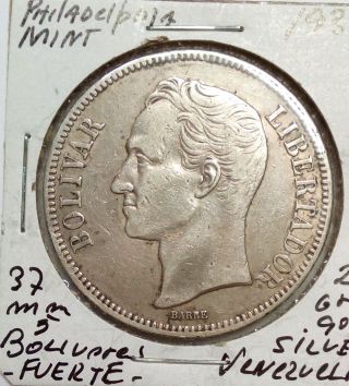 Venezuela Silver Coin Gram 25,  5 Bolivares 1936 (normal Date) photo