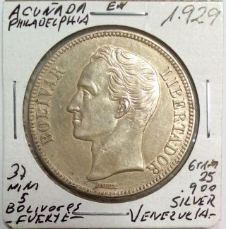 Venezuela Silver Coin Gram 25,  5 Bolivares 1929 Au Normal Date photo