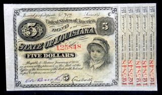 1886 State Of Louisiana $5 Five Dollars Baby Bond With 5 Coupons photo