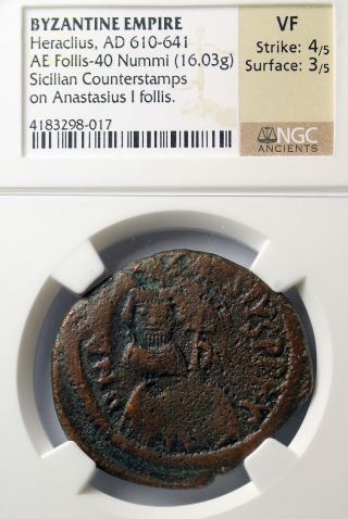 Heraclius Ae Follis Sicilian Ngc Vf Countermarked Overstruck On Anastasius photo