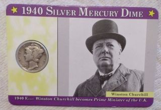 1940 United States Mercury Dime 900 Silver Coin Winston Churchill Prime Minister photo