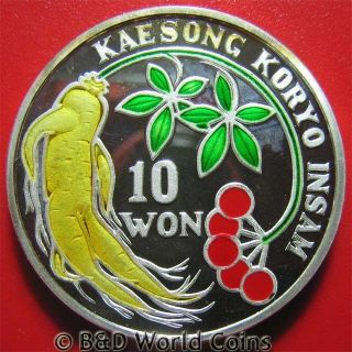 Korea 1997 10 Won 1oz Silver Proof Yellow Ginseng Root Red Berries Rare photo