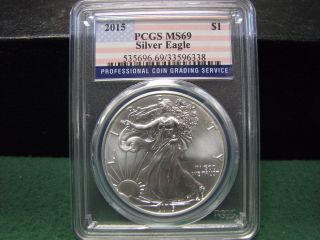 2015 U.  S.  Silver Eagle Graded By Pcgs Ms 69 W/ Flag Label Gorgeous photo