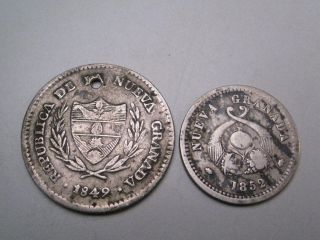 2 Colombia Silver Coins; 1849 2 Reales & 1852 1 Reales.  Nueva Granada - Bogota photo