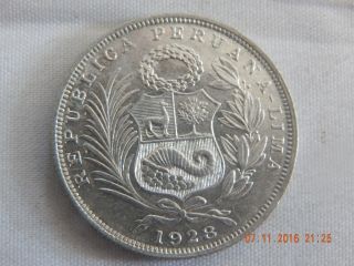 1928 Peru 1/2 Sol - Silver (. 2009 Asw) Bu Coin - 30 Mm photo