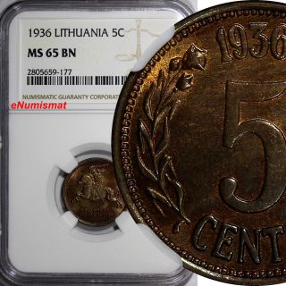 Lithuania Bronze 1936 5 Centai Ngc Ms65 Bn 1 Year Type Km 81 photo