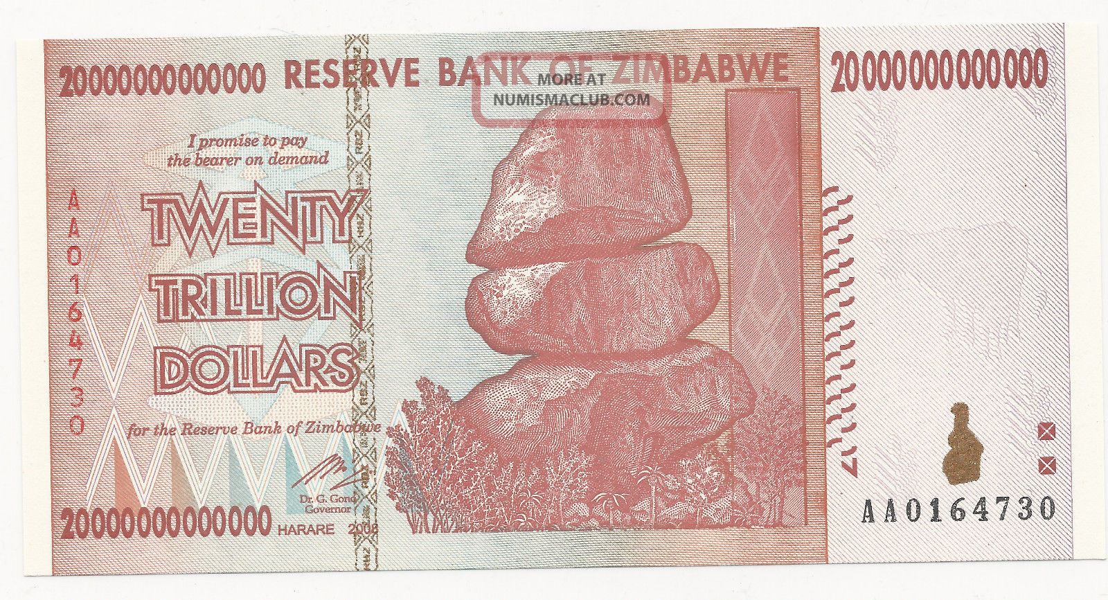 Zimbabwe 20 Trillion Dollars 2008 Pick 89 Unc Uncirculated Banknote