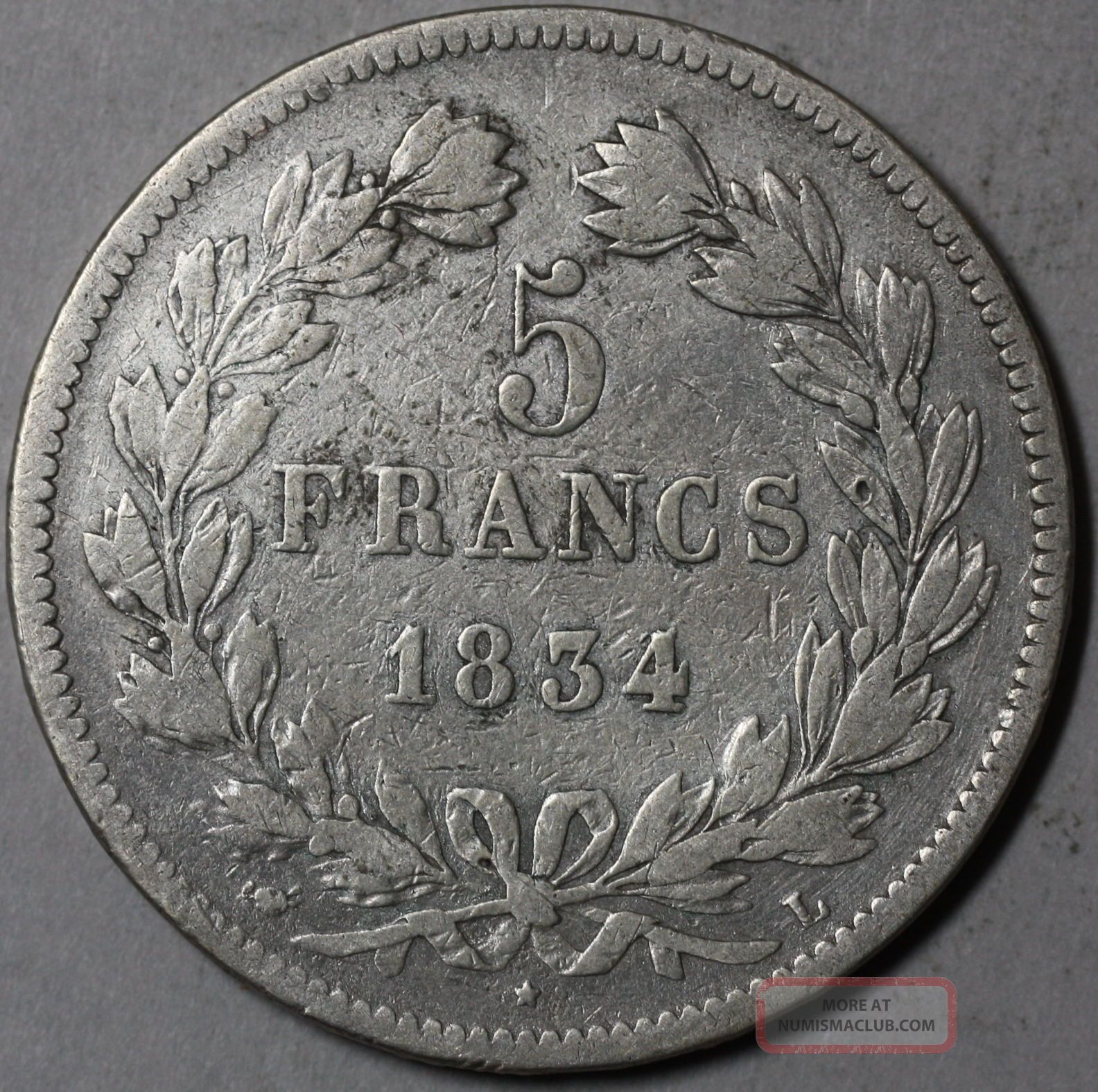 1834 - L France Silver 5 Francs 423k Minted Coin (16061635r) France photo