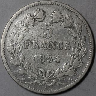 1834 - L France Silver 5 Francs 423k Minted Coin (16061635r) photo