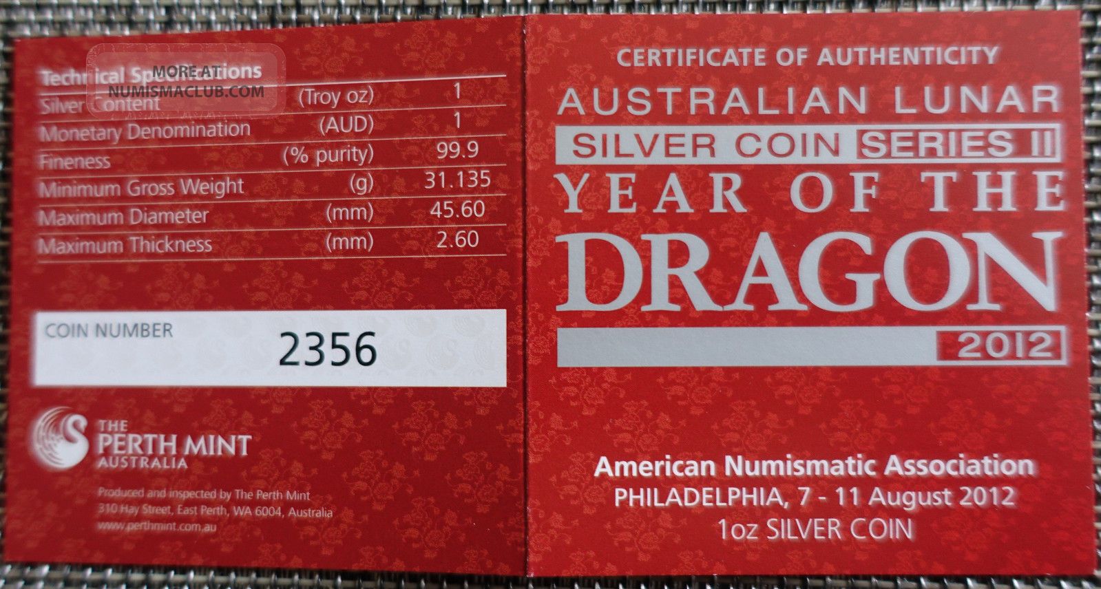 Ana Coin Show 1 Oz Colorized Lunar Ii Silver Coin 2012, Dragon, Case,