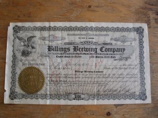 Antique 1914 Billings Brewing Company Stock Certificate Montana Beer Bpoe Elks photo