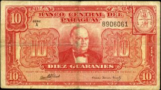Paraguay 10 Guaranies Law 1952 P - 187b F Black Serie A Circulated Banknote 658 photo