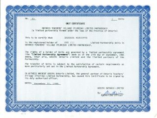 Ontario Teachers’ Village Florida Limited Partnership Certificates 1986 photo