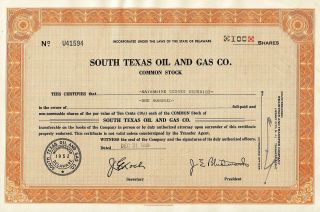 Vintage South Texas Oil & Gas Co.  Common Stock Certificate,  100 Shares - 1956 photo