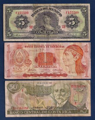 Mexico 5 Pesos 1963 P - 60h,  Honduras Lempira,  Costa Rica 50 Colones P - 257a photo