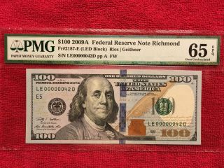 2009a Fr.  2187 - E $100 Frn 2 Digit Low Number 00000042 Pmg 65 Epq photo