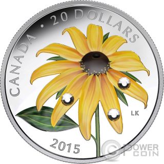 Black Eyed Susan Dew Drops Swarovski Crystal Silver Coin 20$ Canada 2015 photo