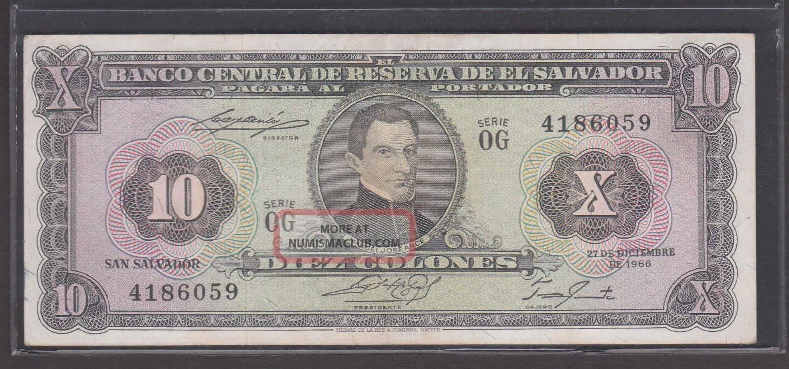 El Salvador Note 10 Colones 1966 Scarce Vf