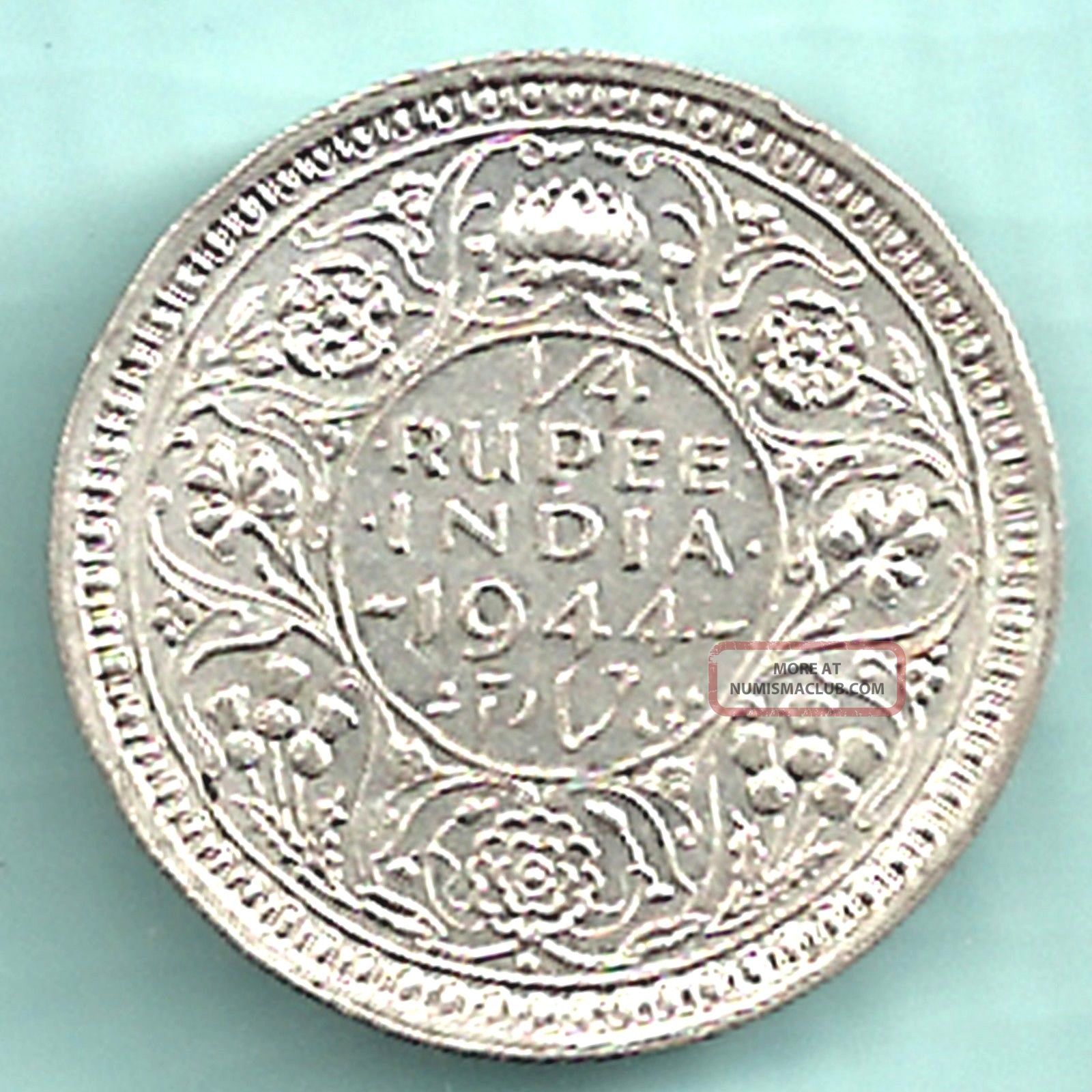 British India - 1944 - King George Vi Emperor - 1/4 Rupee - Rarest Date Silver British photo