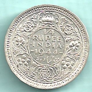 British India - 1944 - King George Vi Emperor - 1/4 Rupee - Rarest Date Silver photo