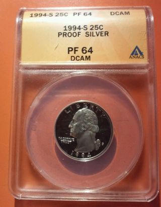 1994 - S 25c Washington Quarter,  U.  S.  90 Silver Proof Coin.  Anacs Pf - 64 Dcam photo