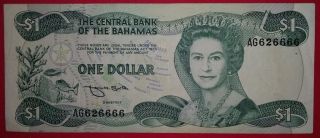 Bahamas 1984 $1 Note With Almost Solid Number 626666. photo