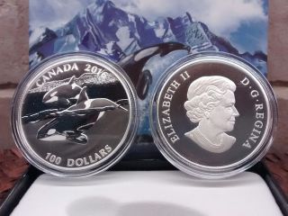 $100 Orca Whale Coin 2016 Pure Silver Canada. photo