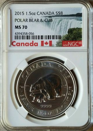 2015 Canada S$8 1.  5 Oz.  Silver Polar Bear And Cub Ngc Ms70 Canada Label Rare photo