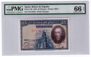 Spain 25 Pesetas Banknote 1928 Pick 74b Pmg Gem Unc 66 Epq photo
