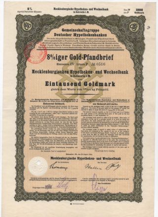 1926 8 Goldpfandbrief 1000 Goldmark Stock Bond Certificate Germany photo