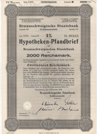 1940 4 Hypothekenpfandbrief 2000 Reichsmark Stock Bond Certificate photo