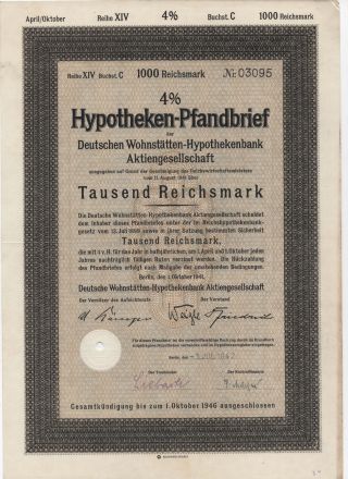 1942 4 Hypotheken Pfandbrief 1000 Reichsmark Stock Bond Certificate 2 photo