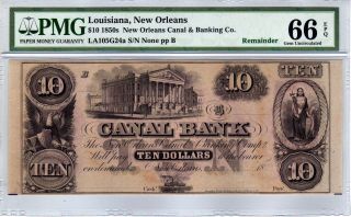 $10 1850s Orleans Canal & Banking Co.  Louisiana - Pmg Gem Uncirculated 66 Epq photo