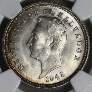 1943 Ngc Ms 65 El Salvador 90 Silver 25 Centavos 2 Year Type Coin (15091003c) photo