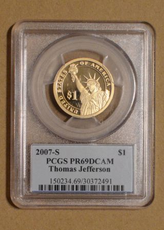 2007 - S Thomas Jefferson Presidential Dollar Pr69dcam Pcgs Proof 69 Deep Cameo Pl photo