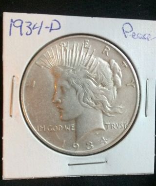 1934 - D Peace Silver Dollar 90 Silver U.  S.  Coin.  (050) photo