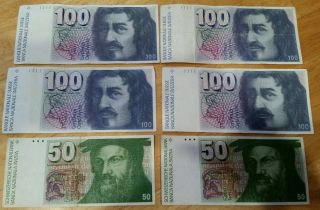 Switzerland Swiss Francs 100 (4) And 50 (2) Vintage Paper Money photo