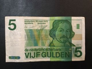 1973 Netherlands Paper Money - 5 Gulden Banknote photo