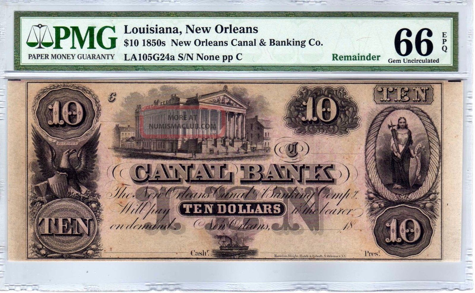 $10 1850s Orleans Canal & Banking Co. Louisiana - Pmg Gem Uncirculated ...
