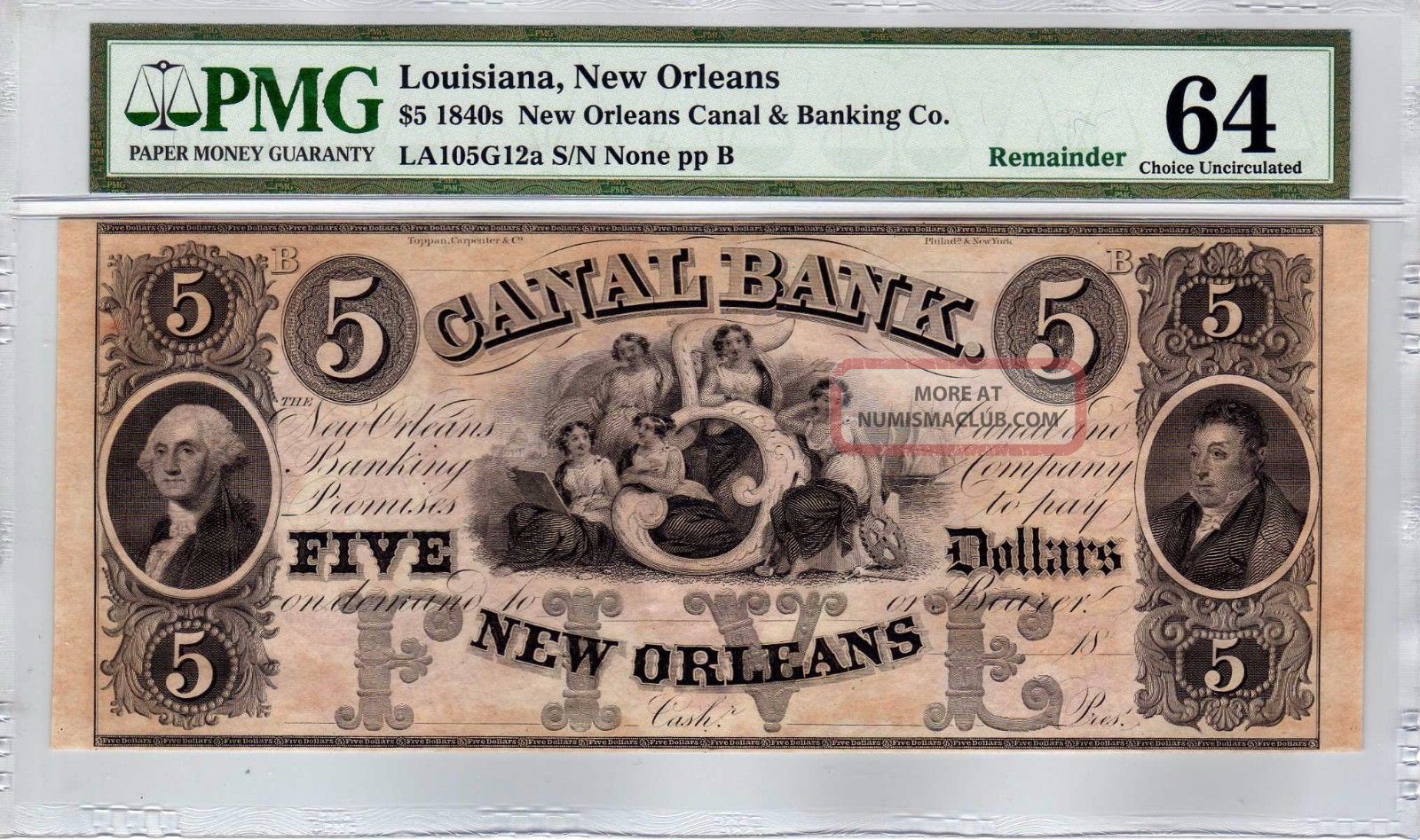 $5 1840s Orleans Canal & Banking Co. Louisiana - Pmg Choice Uncirculated 64