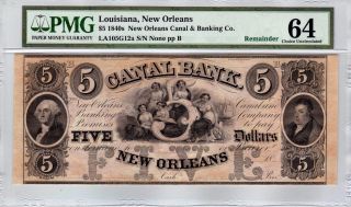 $5 1840s Orleans Canal & Banking Co.  Louisiana - Pmg Choice Uncirculated 64 photo