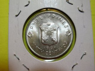 1947 General Mcauther Philippines Fifty Centavos (50c) Silver Coin photo