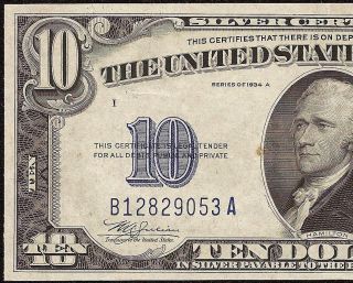 Au 1934 A $10 Dollar Bill Silver Certificate Wwii Ww2 Currency Yellow Seal Note photo