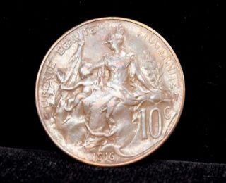 1916 France 10 Centimes Bronze Coin Km 843 photo