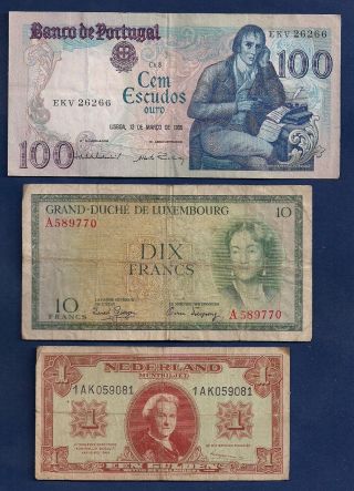 Portugal 100 Esc,  Luxembourg 10 Francs P - 48,  Netherlands 1 Gulden 1945 P - 70 photo