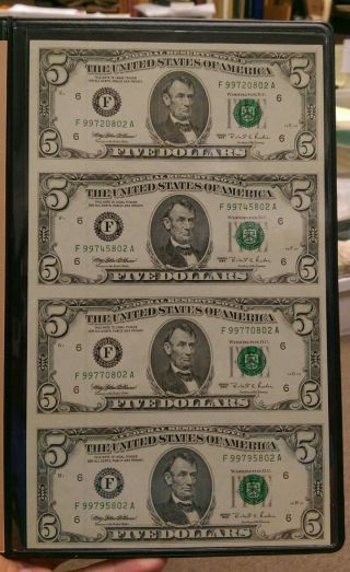 Uncut Sheet Of 4 1995 $5 F Atlanta World Reserve Monetary Exchange photo