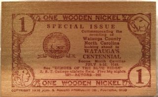 7/5 - 10/1949 Watauga Co.  North Carolina Centenial Wooden Flat 1 Wooden Nickels photo