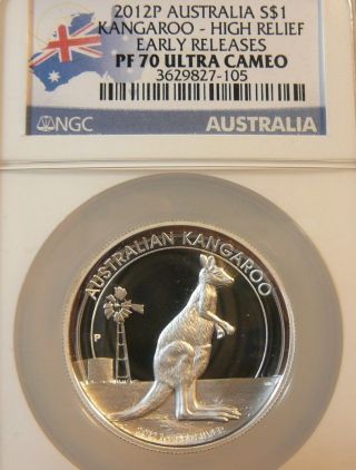 2012 Ngc Pf 70 Australia High Relief Silver Kangaroo 1 Oz.  999 photo