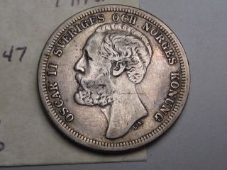 1881 Eb Silver 1 Krona.  Sweden.  Oscar Ii.  Better Grade.  Low Mint; 620k photo