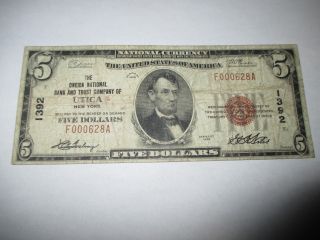 $5 1929 Utica York Ny National Currency Bank Note Bill Ch.  1392 Rare photo